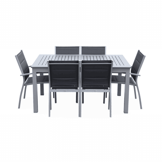 Mesa de jardim extensível em alumínio, 6 cadeiras, Chicago 6, Cinza, 210x89x75 cm
