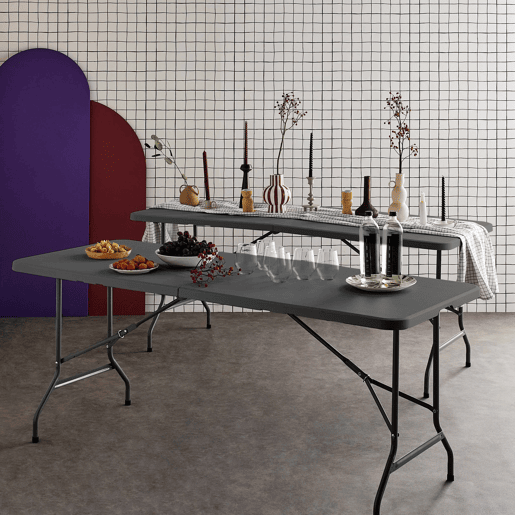 Mesas de recepção em plástico dobrável, set de 2, Fiesta 180cm, Cinza escuro, 180x69.5x73.5 cm