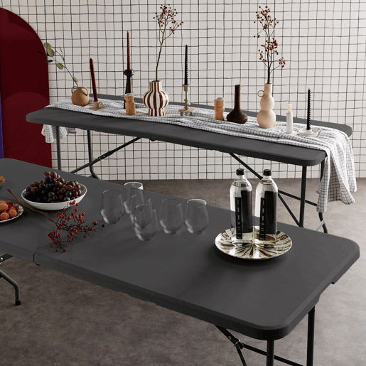 Mesas de recepção em plástico dobrável, set de 2, Fiesta 180cm, Cinza escuro, 180x69.5x73.5 cm