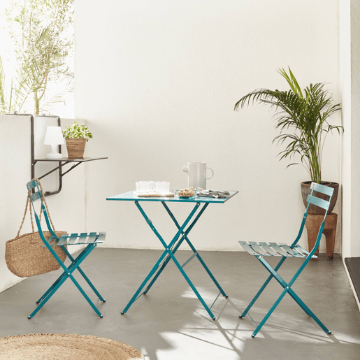 Mesa de jardim bistrô dobrável em metal , 2 cadeiras, Emilia, Azul esverdeado, 70x70x71 cm