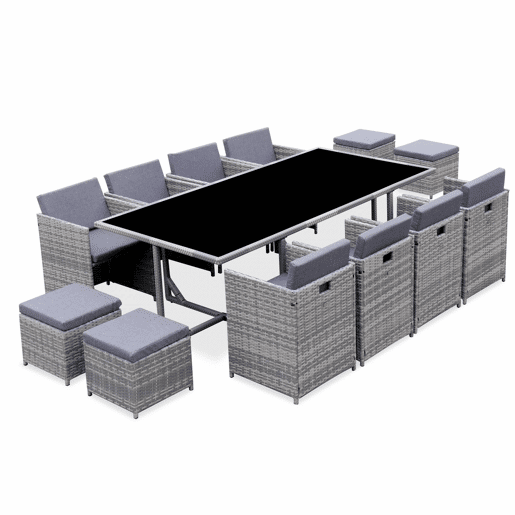 Mesa de jardim embutida em resina tecida, 12 cadeirões, Vabo 12, Tons de cinza, 110x222x73 cm