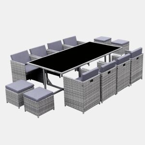 Mesa de jardim embutida em resina tecida, 12 cadeirões, Vabo 12, Tons de cinza, 110x222x73 cm