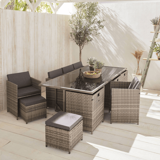 Mesa de jardim embutida em resina tecida, 12 cadeirões, Vabo 12, Tons de cinza, 110x222x73 cm