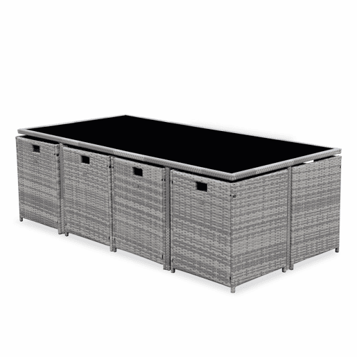 Mesa de jardim embutida em resina tecida, 12 cadeirões, Vabo 12, Tons de cinza, 110x222x73 cm