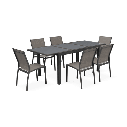 Mesa de jardim extensível em alumínio, 6 cadeiras, Orlando, Cinza, 210x90x75 cm