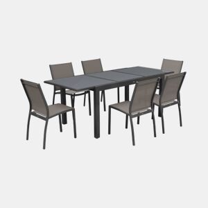 Mesa de jardim extensível em alumínio, 6 cadeiras, Orlando, Cinza, 210x90x75 cm