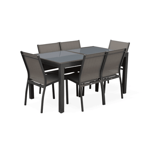 Mesa de jardim extensível em alumínio, 6 cadeiras, Orlando, Cinza, 210x90x75 cm