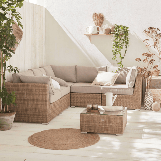 Conjunto de mobiliário de jardim com sofá em resina tecida, 5 lugares, Vittoria, Madeira, 125x80x67.5 cm