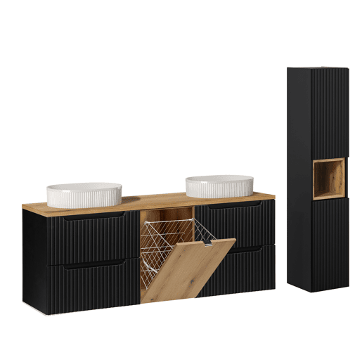 Conjunto de móvel lavatório duplo 160cm cesto de roupa suja e coluna Riva Preto e madeira