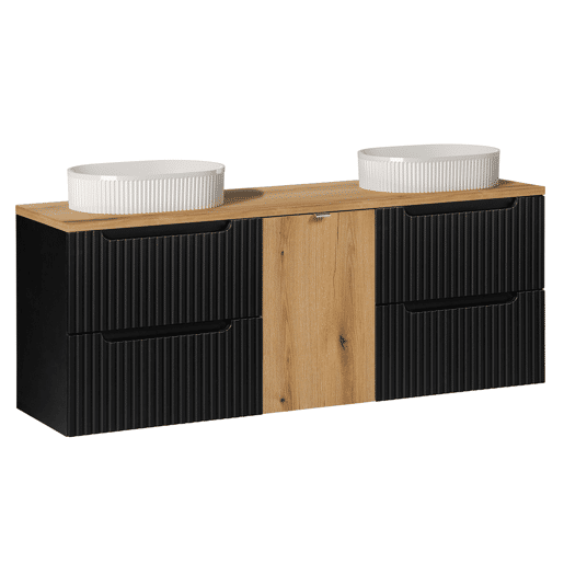 Conjunto de móvel lavatório duplo 160cm cesto de roupa suja e coluna Riva Preto e madeira