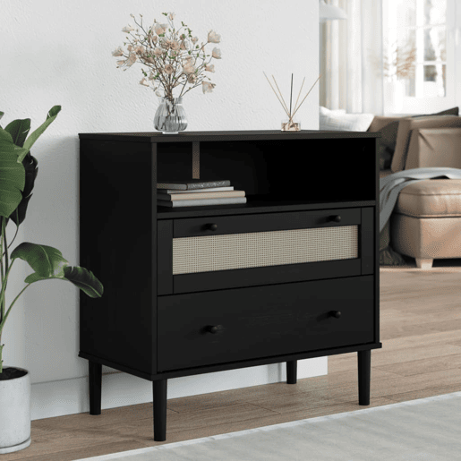 vidaXL Aparador SENJA aspeto de vime 80x40x80 cm pinho maciço preto