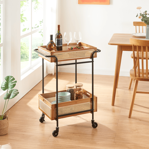 Carrinho de serviço Tervola com 2 cestos metalbambu 81x61x39cm - PretoNatural en.casa