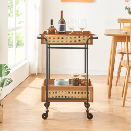 Carrinho de serviço Tervola com 2 cestos metalbambu 81x61x39cm - PretoNatural en.casa