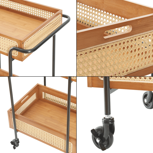 Carrinho de serviço Tervola com 2 cestos metalbambu 81x61x39cm - PretoNatural en.casa