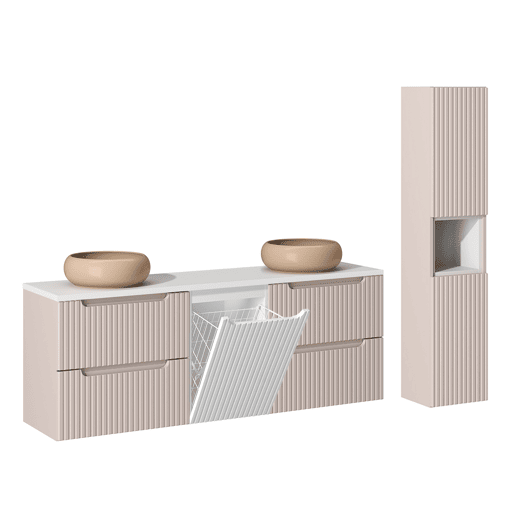 Conjunto de móvel lavatório duplo 160cm cesto de roupa suja e coluna Riva Caxemira e Branco