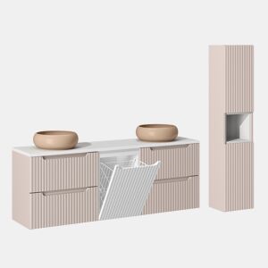 Conjunto de móvel lavatório duplo 160cm cesto de roupa suja e coluna Riva Caxemira e Branco