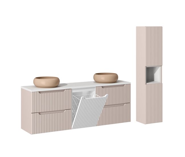 Conjunto de muebles con doble lavabo 160cm cesto y columna riva cachemira y blanco