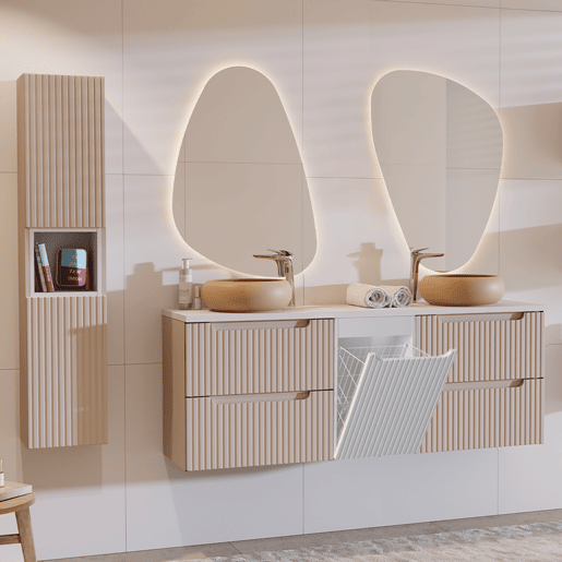 Conjunto de móvel lavatório duplo 160cm cesto de roupa suja e coluna Riva Caxemira e Branco