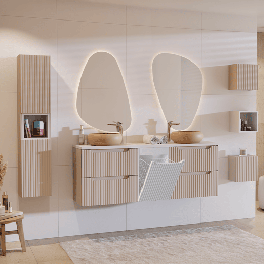 Móvel de lavatório duplo 160cm cesto de roupa suja Riva Caxemira e Branco