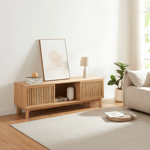 Suporte de TV Ypäjä com 2 portas de correr em bambu 150x42x50cm - Natural en.casa