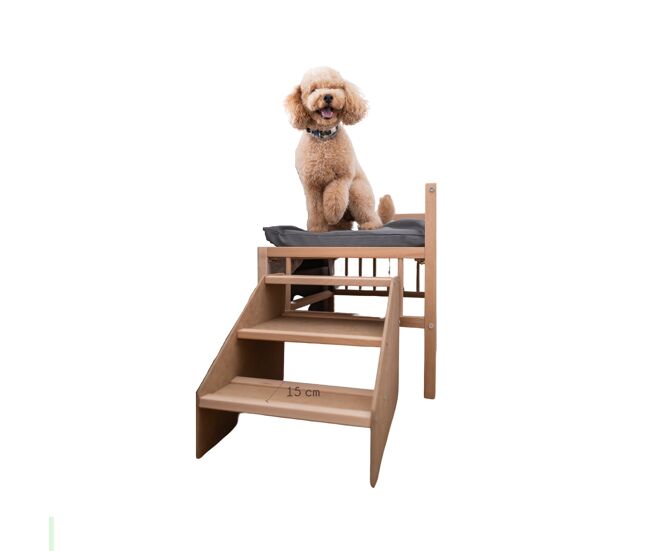 Cama para perro, gato, mascota. elevada de madera con escalón para acceder. con colchón de espuma viscoelástico ortoflex. 2 alturas. faunatic ortoflex