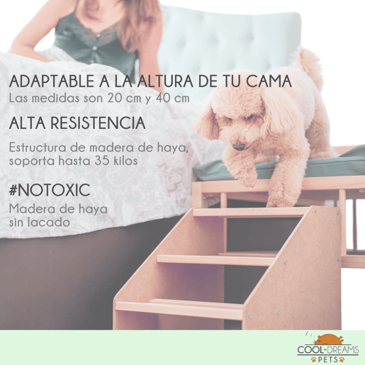 Cama para cão, gato, animal de estimação. Cama de madeira elevada com degrau de acesso. Com colchão de espuma viscoelástica Ortoflex. 2 alturas. Faunatic Ortoflex