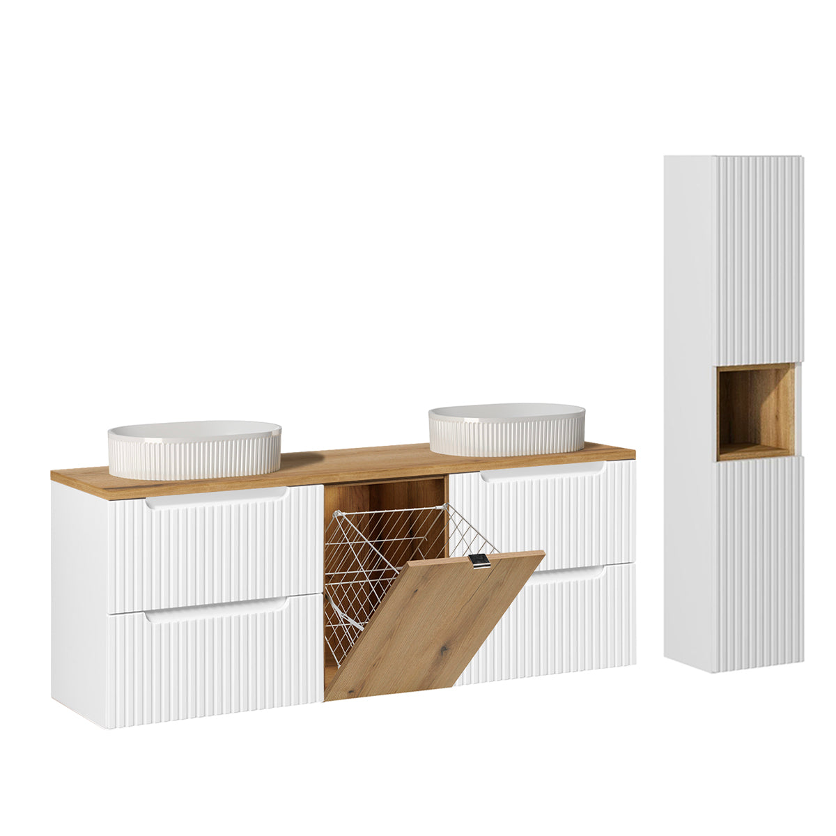 Conjunto de muebles con doble lavabo 160cm cesto y columna riva blanco y madera