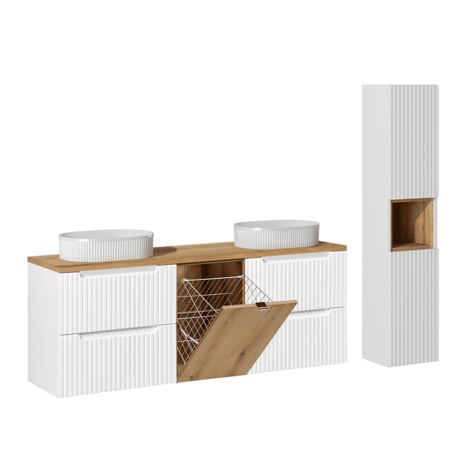 Conjunto de móvel lavatório duplo 160cm cesto de roupa suja e coluna Riva Branco e madeira