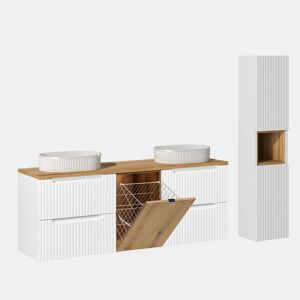 Conjunto de móvel lavatório duplo 160cm cesto de roupa suja e coluna Riva Branco e madeira