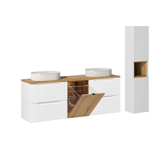 Conjunto de muebles con doble lavabo 160cm cesto y columna riva blanco y madera