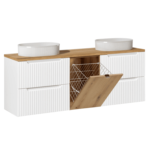 Móvel de lavatório duplo 160cm cesto de roupa suja Riva Branco e madeira