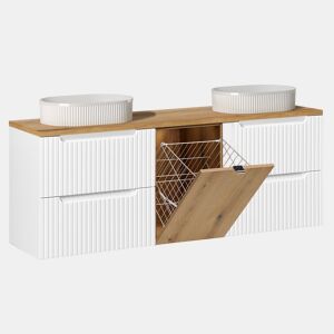 Móvel de lavatório duplo 160cm cesto de roupa suja Riva Branco e madeira