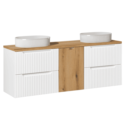 Móvel de lavatório duplo 160cm cesto de roupa suja Riva Branco e madeira