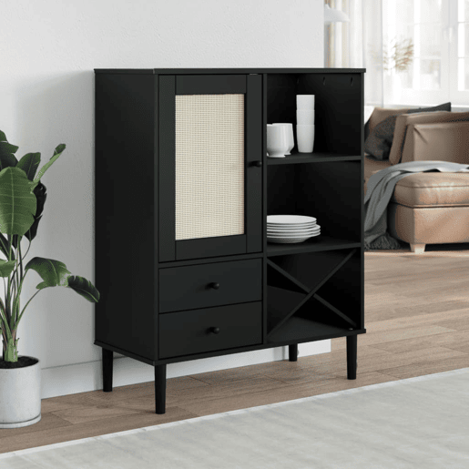 vidaXL Móvel alto SENJA aspeto vime 90x40x112 cm pinho maciço preto
