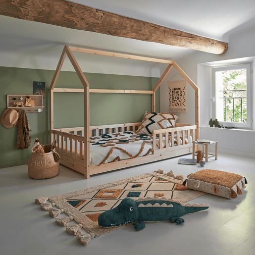 Cama Jovem Bosco em Formato de Cabana 98 cm - Pinho e Madeira Compensada, Cor Bege, Estilo Infantil
