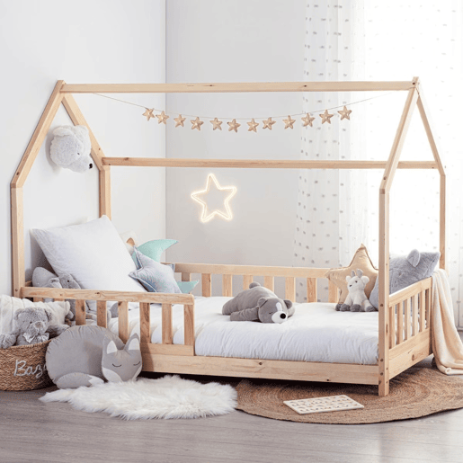 Cama Jovem Bosco em Formato de Cabana 98 cm - Pinho e Madeira Compensada, Cor Bege, Estilo Infantil