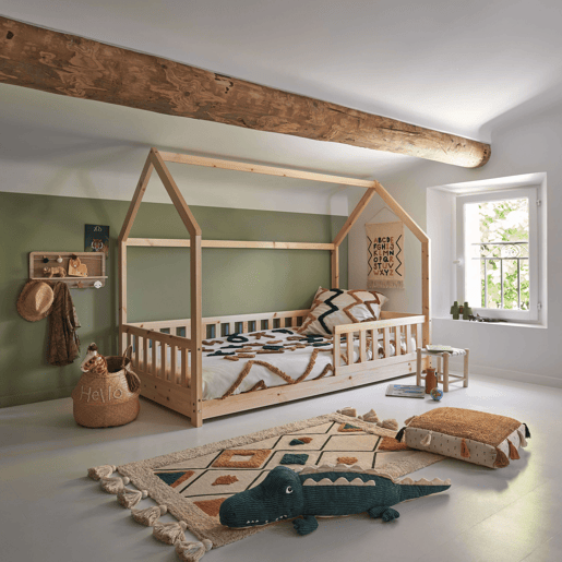 Cama Jovem Bosco em Formato de Cabana 98 cm - Pinho e Madeira Compensada, Cor Bege, Estilo Infantil