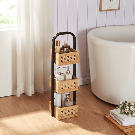 Prateleira de casa de banho Tervola com 3 cestos 73x23x19cm - PretoBambu