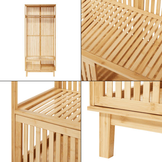 Cabide de burro Ypäjä com prateleiras e porta de bambu 187x80x47cm - Cor natural en.casa