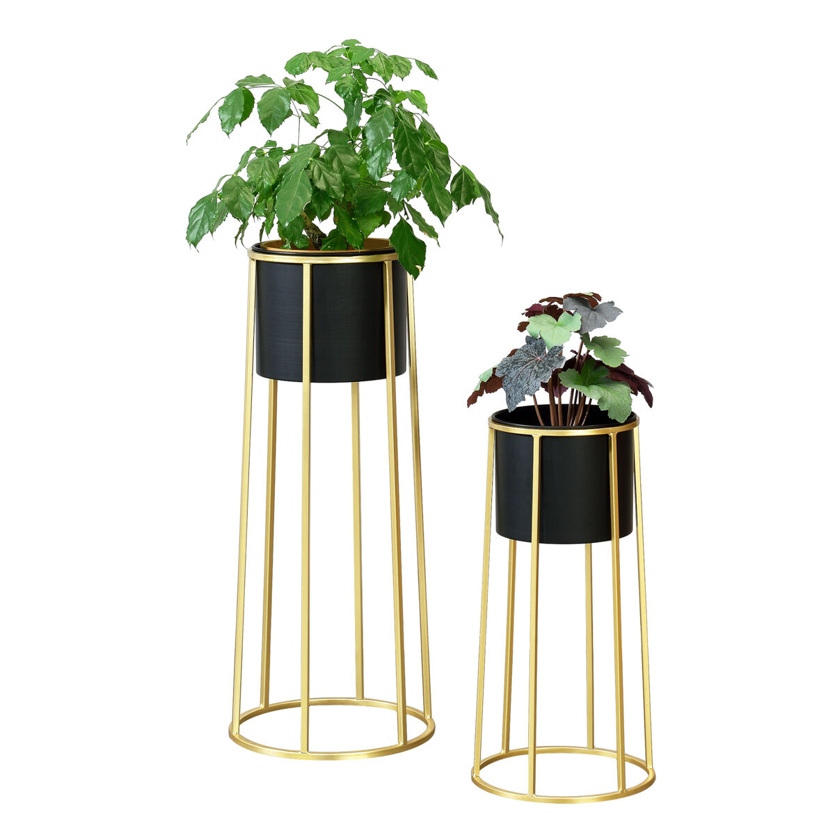 Set de 2x soportes para plantas macon metal 50 x 25 x 25 cm y 70 x 30 x 30 cm dorado y negro [en.casa]