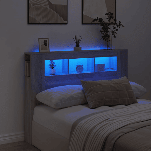 vidaXL Cabeceira c LEDs 140x18,5x103,5 cm sonoma cinzento
