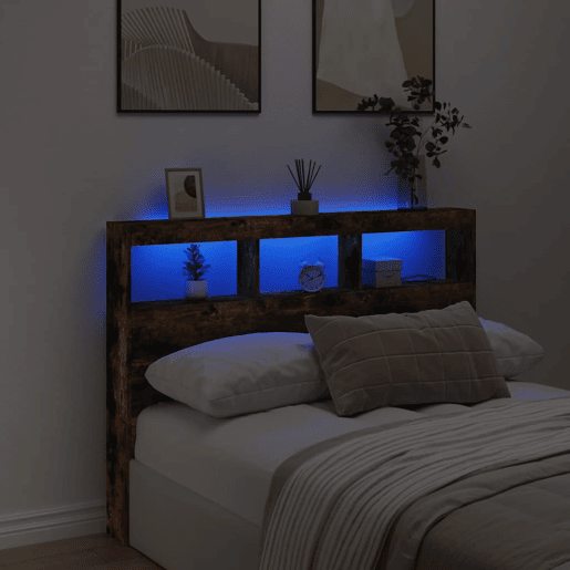 vidaXL Armário de cabeceira c luzes LED 140x17x102 cm carvalho fumado vidaXL Armário de cabeceira c luzes LED 140x17x102 cm carvalho fumado