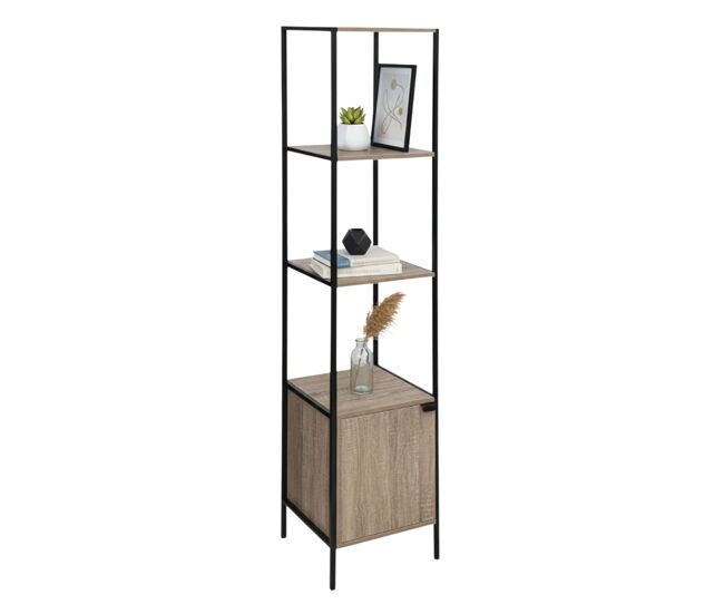 Estantería Salón con 1 puerta Aliaj 3 Estantes Negro y Roble Claro en Acero 176x35x35 cm