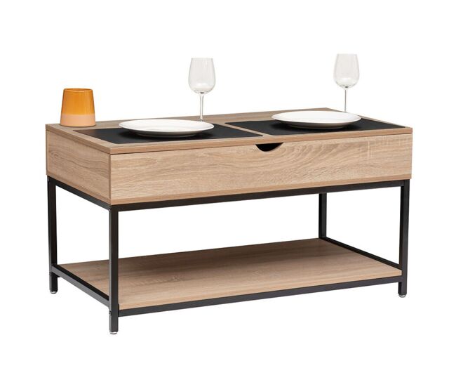 Mesa de centro elevable Aliaj con Compartimento Interno en color Negro y Roble Claro 95x50 cm