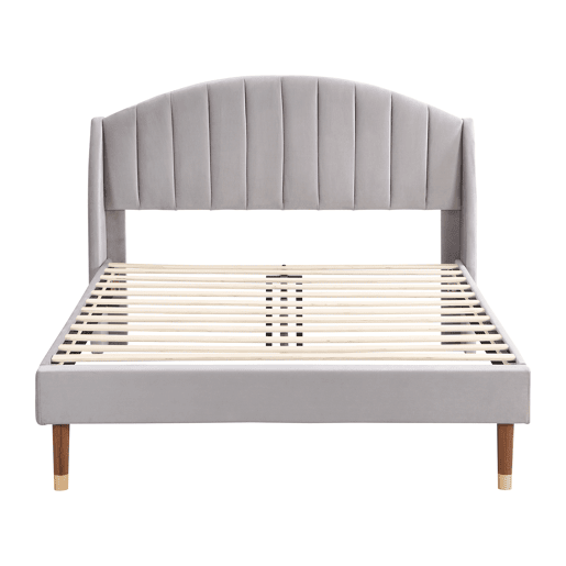 Cama estofada 140x200cm em veludo com estrado de ripas - Cinzento