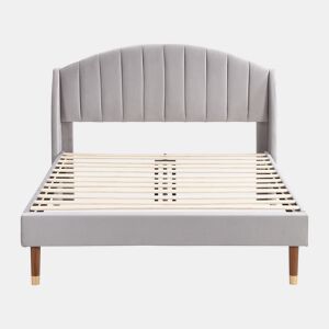 Cama estofada 140x200cm em veludo com estrado de ripas - Cinzento