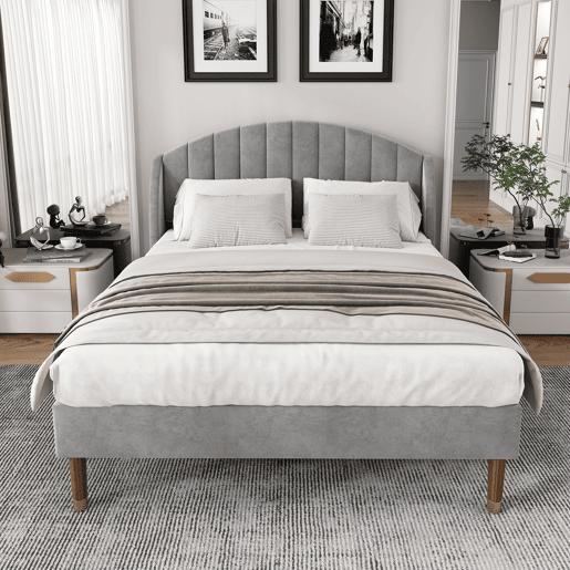 Cama estofada 140x200cm em veludo com estrado de ripas - Cinzento