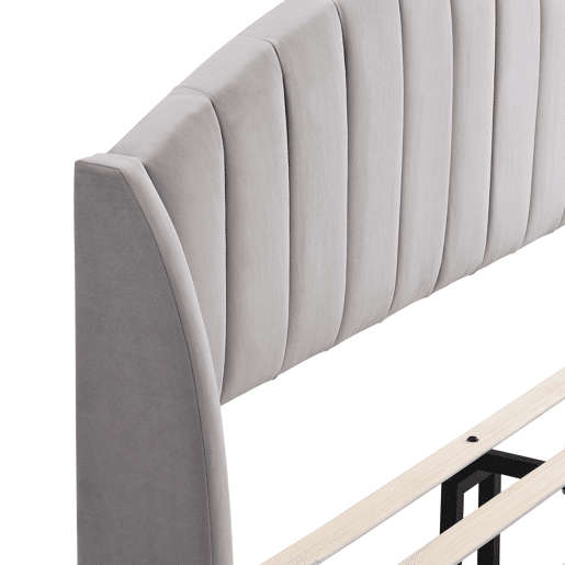 Cama estofada 140x200cm em veludo com estrado de ripas - Cinzento