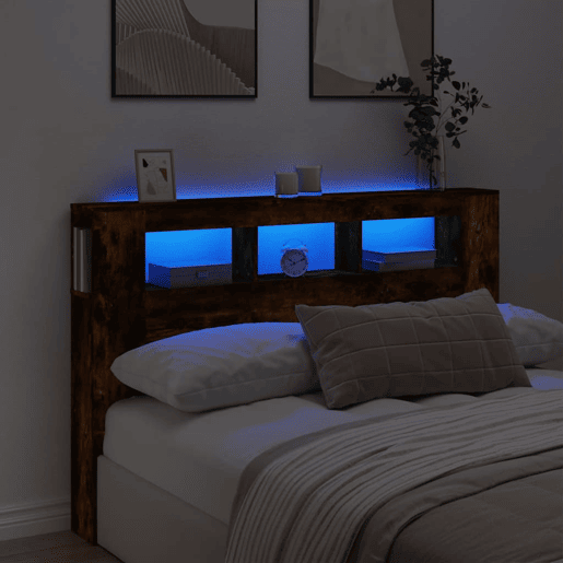 vidaXL Cabeceira c LEDs 160x18,5x103,5 cm carvalho fumado