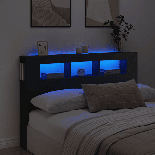 vidaXL Cabeceira cama c LEDs 160x18,5x103,5 cm deriv. madeira preto